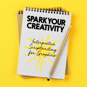 A notepad sits on a yellow background with the words Spark your Creativity Interpretive Scriptwriting for graphics on the pad on top of a yellow scribbled star. there is a pencil lying on the notepad.