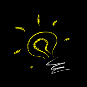 A scribbled sketch of a lightbulb shape on a black background. The bulb is drawn in yellow and has lines to suggest it is illuminated. The base of the bulb is drawn in white.
